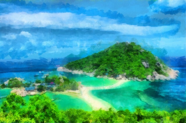 Digital structure of painting - Watercolor summer tropic seascape
